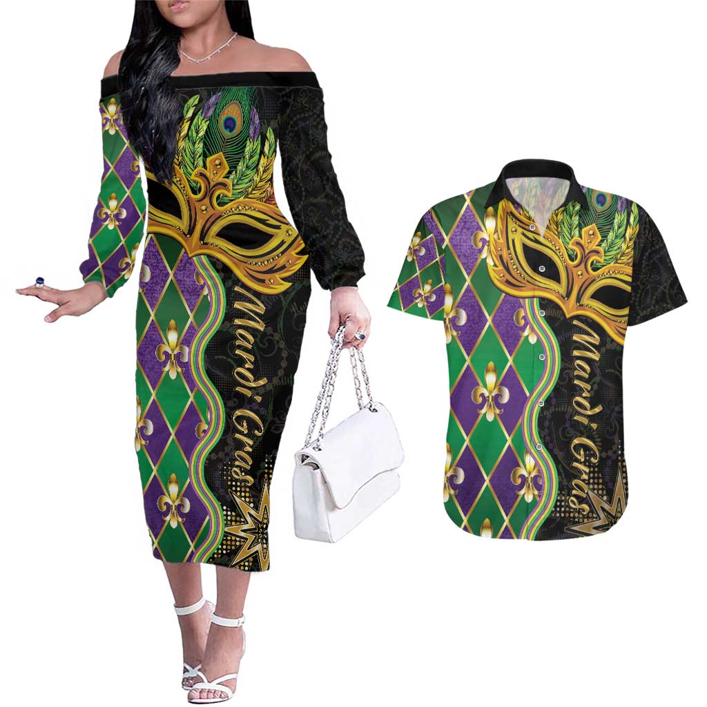 Personalized Mardi Gras Couples Matching Off The Shoulder Long Sleeve Dress and Hawaiian Shirt Gold Mask Unique Style