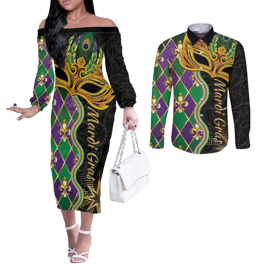 Personalized Mardi Gras Couples Matching Off The Shoulder Long Sleeve Dress and Long Sleeve Button Shirt Gold Mask Unique Style