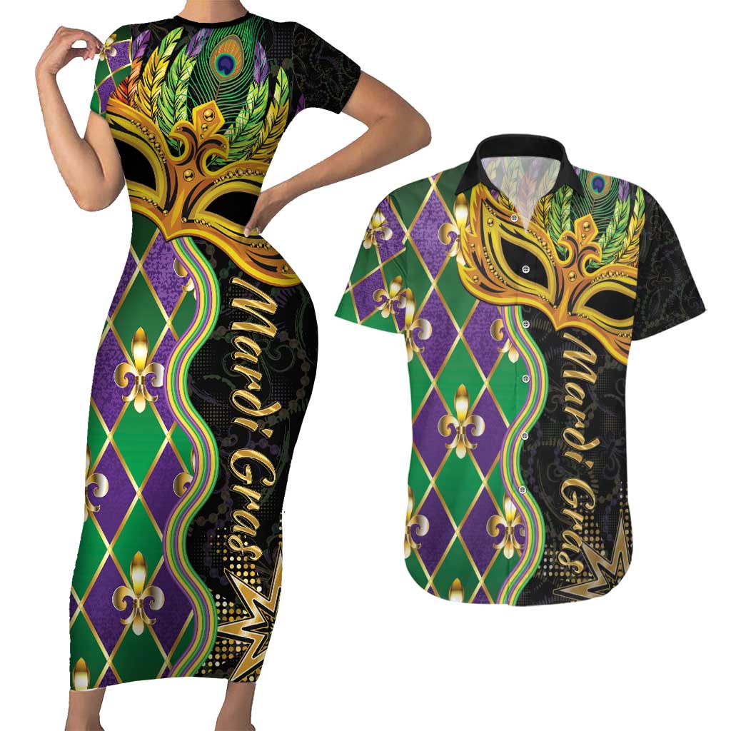 Personalized Mardi Gras Couples Matching Short Sleeve Bodycon Dress and Hawaiian Shirt Gold Mask Unique Style