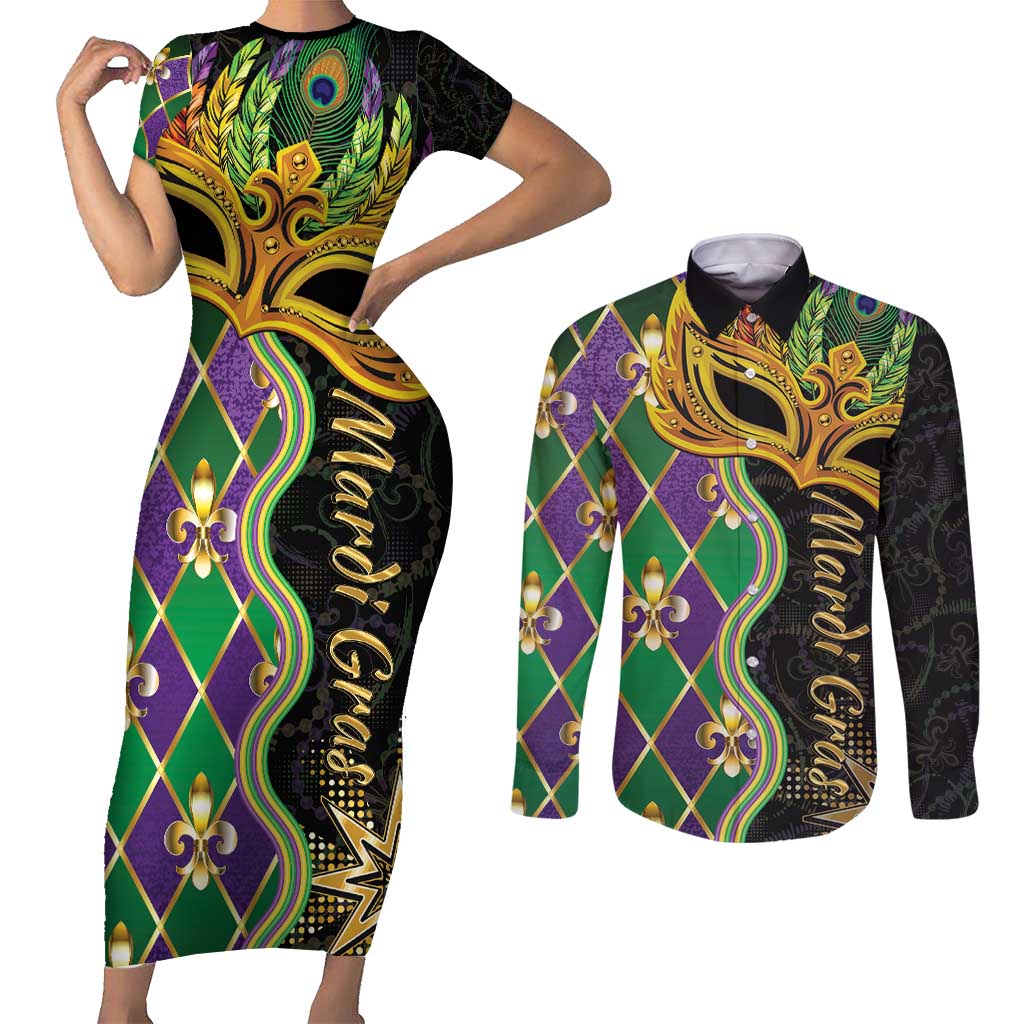 Personalized Mardi Gras Couples Matching Short Sleeve Bodycon Dress and Long Sleeve Button Shirt Gold Mask Unique Style