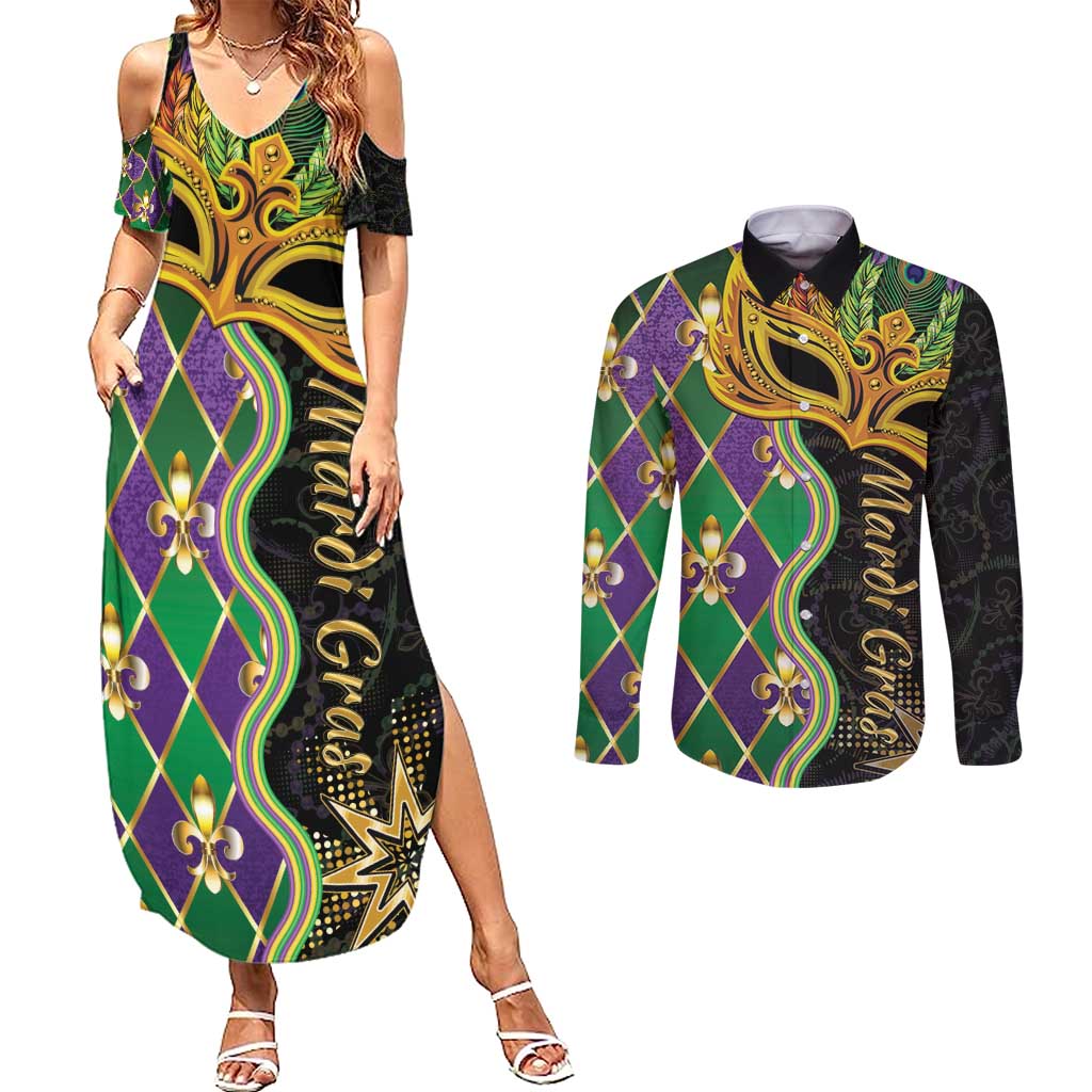 Personalized Mardi Gras Couples Matching Summer Maxi Dress and Long Sleeve Button Shirt Gold Mask Unique Style