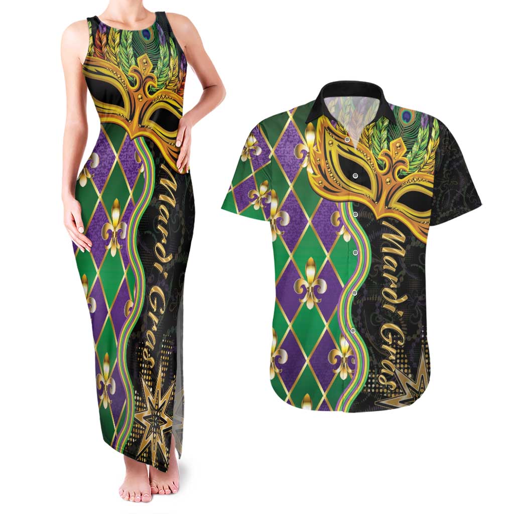 Personalized Mardi Gras Couples Matching Tank Maxi Dress and Hawaiian Shirt Gold Mask Unique Style