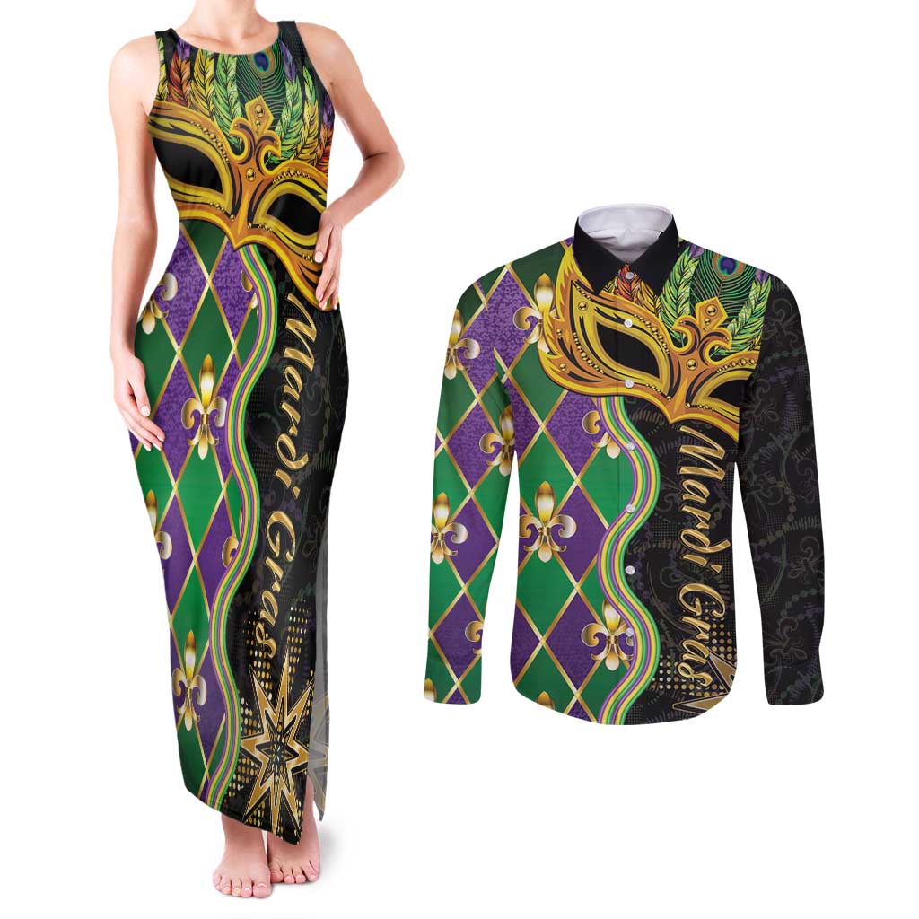 Personalized Mardi Gras Couples Matching Tank Maxi Dress and Long Sleeve Button Shirt Gold Mask Unique Style