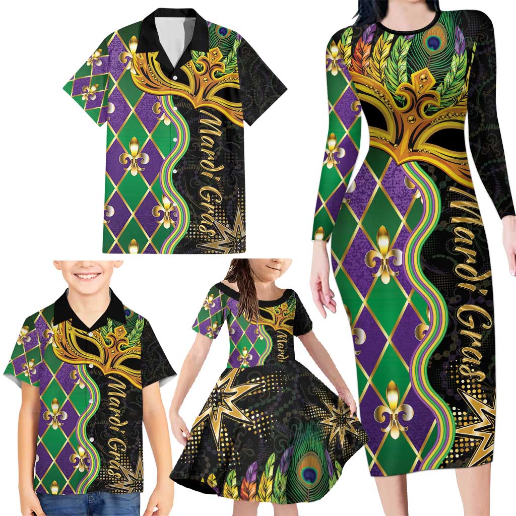 Personalized Mardi Gras Family Matching Long Sleeve Bodycon Dress and Hawaiian Shirt Gold Mask Unique Style