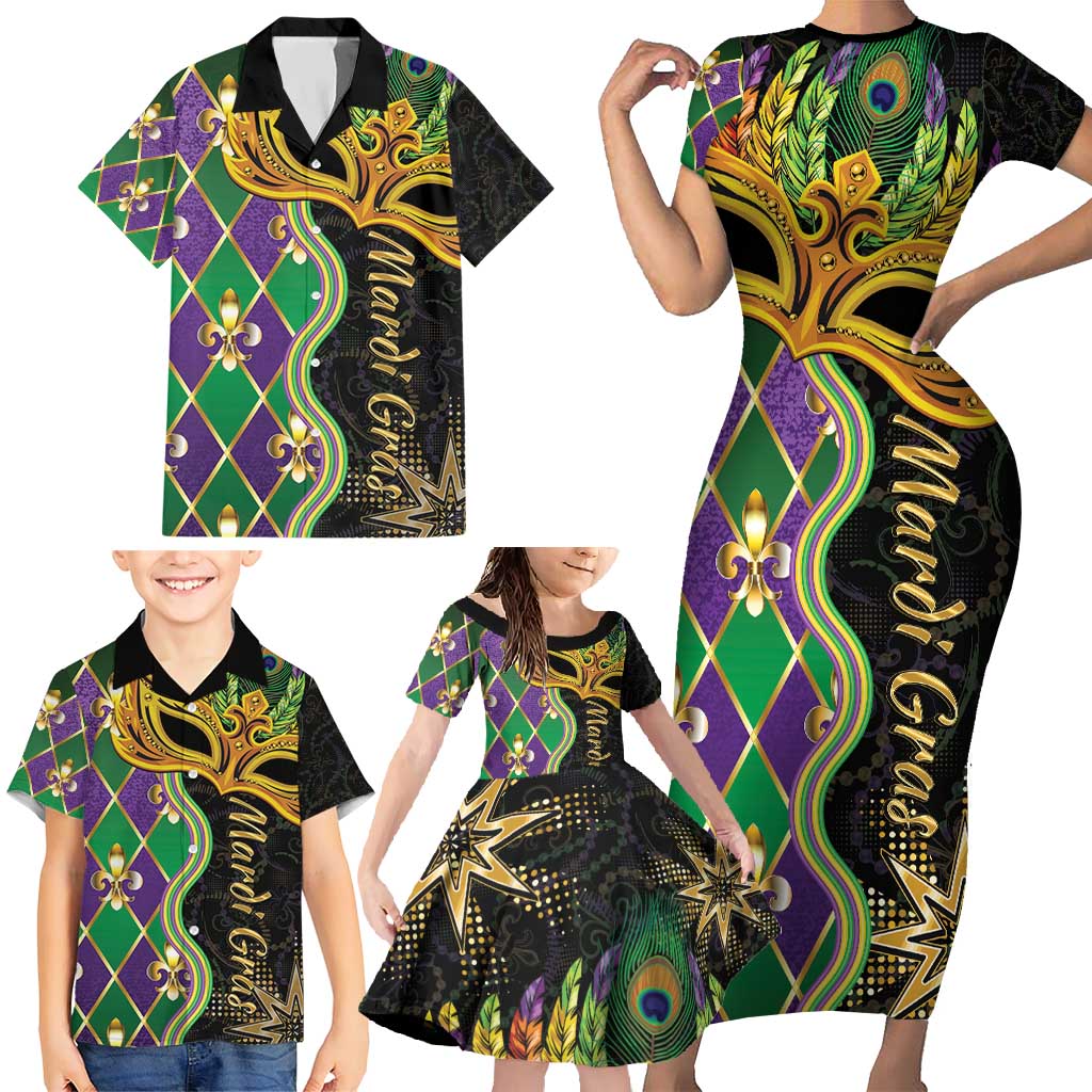 Personalized Mardi Gras Family Matching Short Sleeve Bodycon Dress and Hawaiian Shirt Gold Mask Unique Style