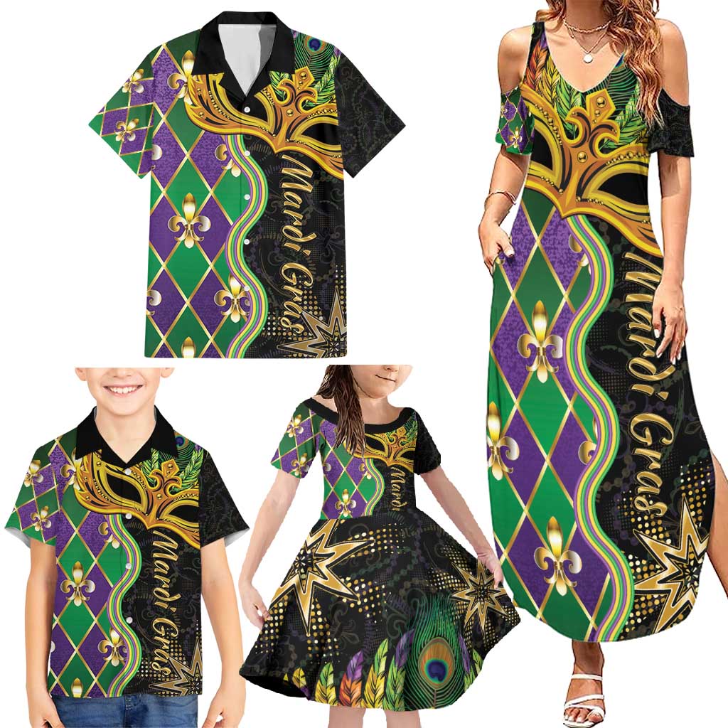 Personalized Mardi Gras Family Matching Summer Maxi Dress and Hawaiian Shirt Gold Mask Unique Style