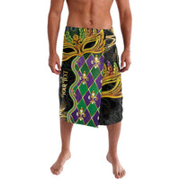 Men's Mardi Gras lavalava wrap skirt with green, purple, and gold patterned print
