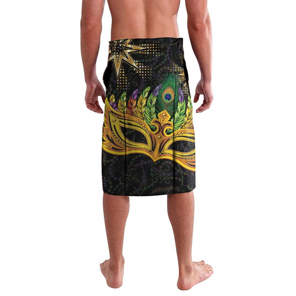 Men's Mardi Gras lavalava wrap skirt, black background with gold and green ornate design