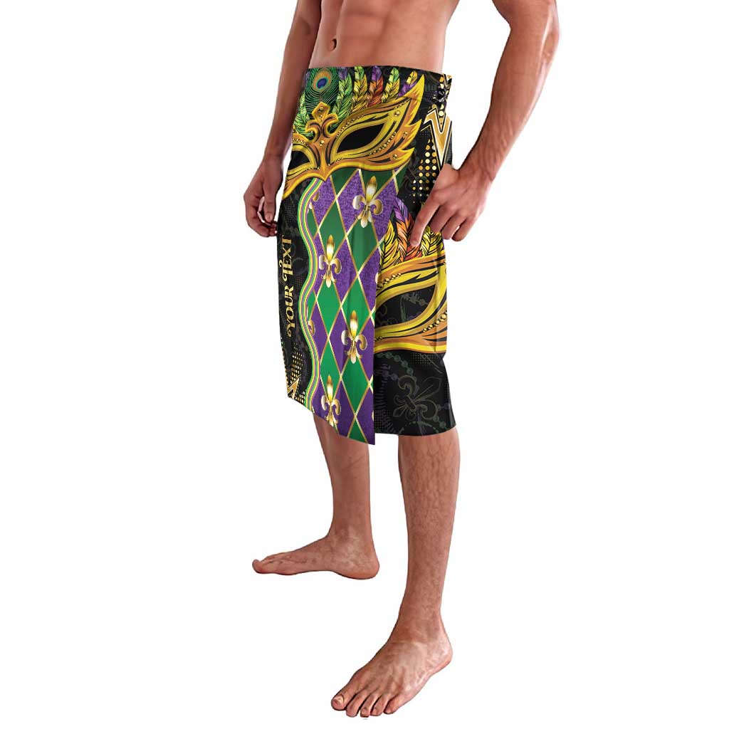 Men's Mardi Gras lavalava wrap skirt with purple diamond panel and gold scroll accents