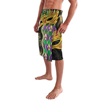 Men's Mardi Gras lavalava wrap skirt with purple diamond panel and gold scroll accents