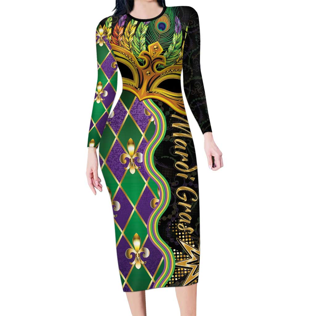 Personalized Mardi Gras Long Sleeve Bodycon Dress Gold Mask Unique Style