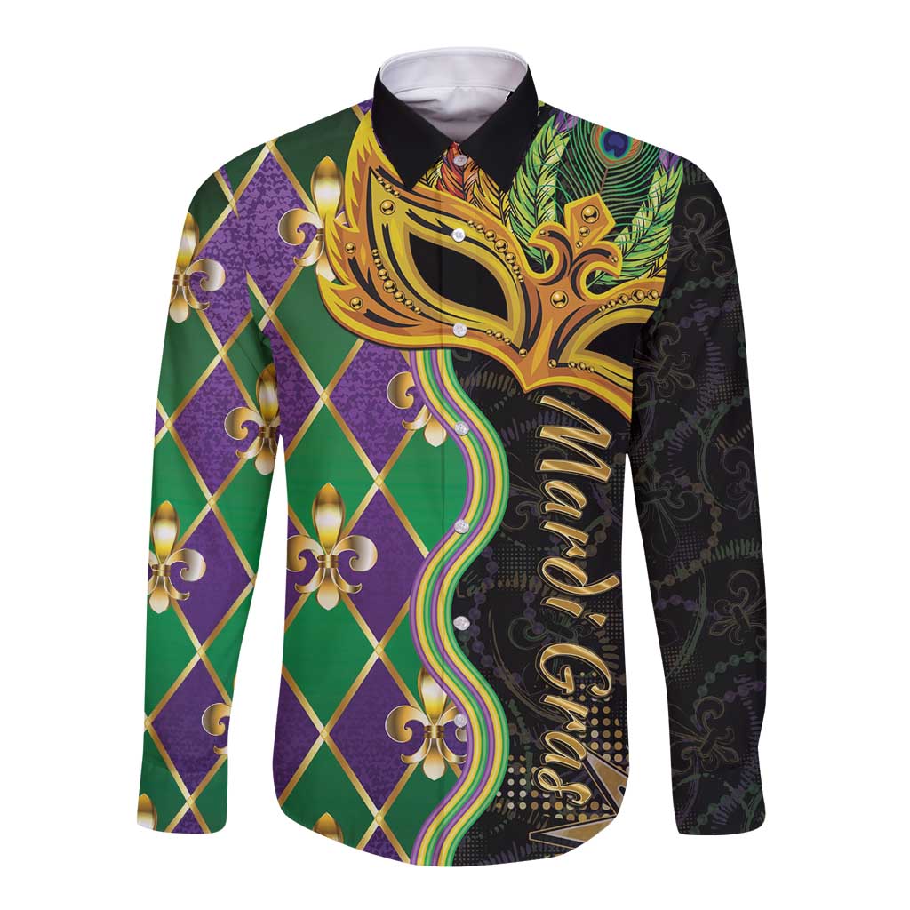 Long-sleeve button shirt with purple, green, gold fleur-de-lis Mardi Gras mask design