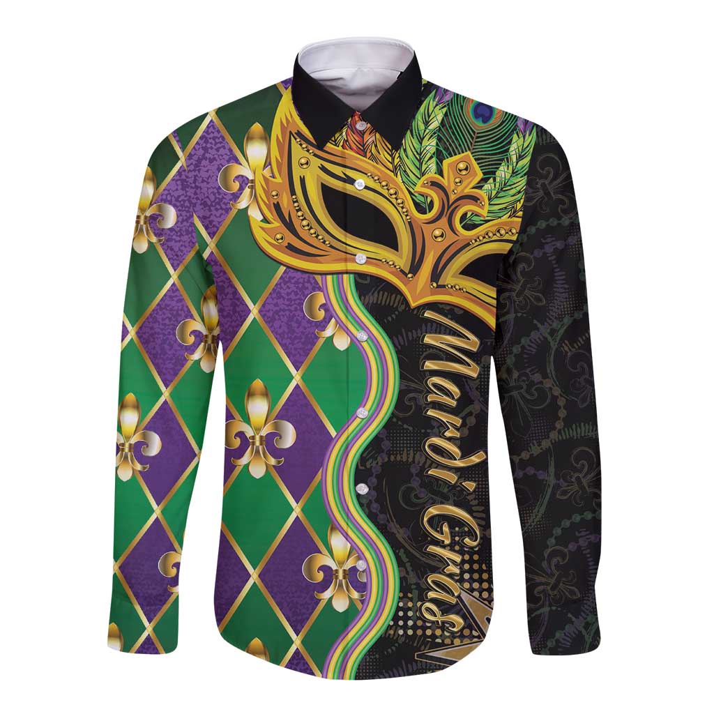 Personalized Mardi Gras Long Sleeve Button Shirt Gold Mask Unique Style