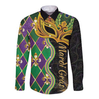 Long-sleeve button shirt with purple, green, gold fleur-de-lis Mardi Gras mask design