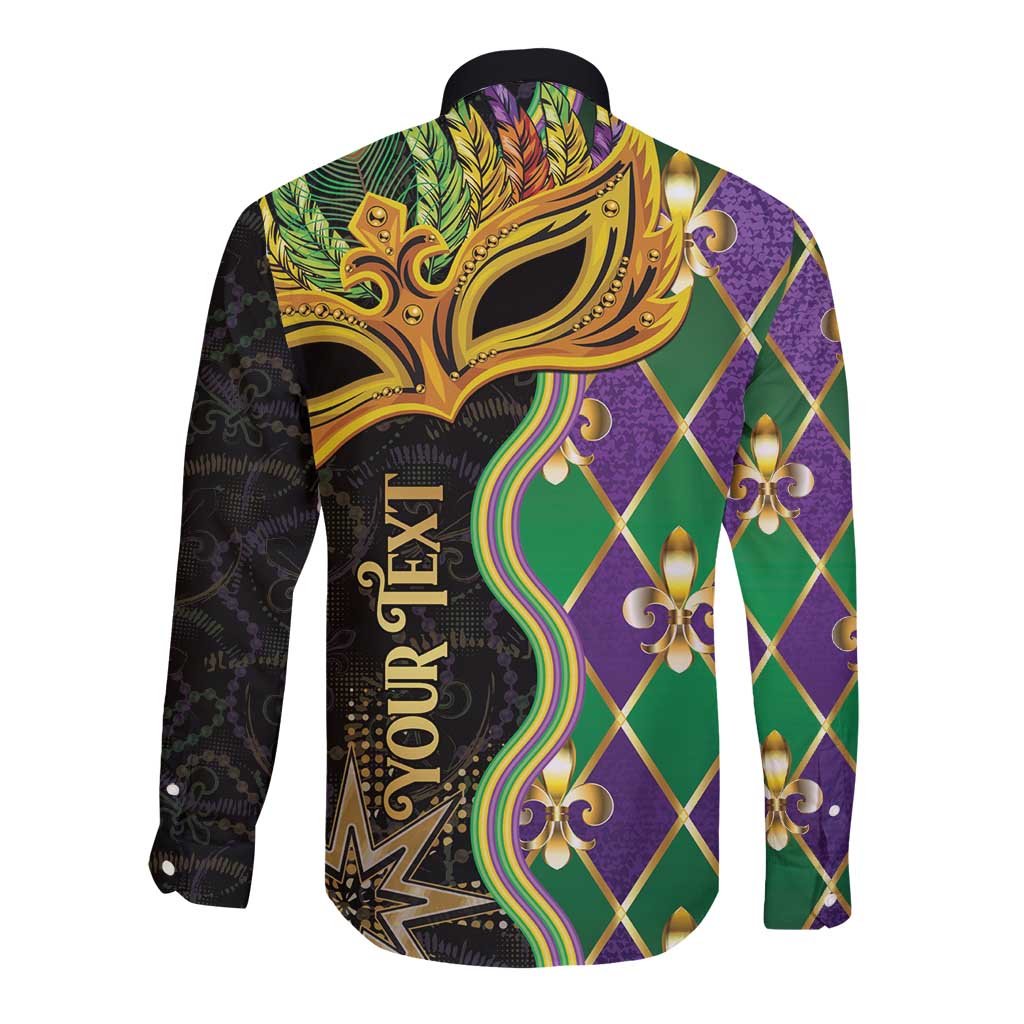 Long-sleeve button shirt with ornate Mardi Gras mask and diamond fleur-de-lis pattern