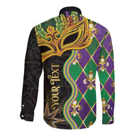 Long-sleeve button shirt with ornate Mardi Gras mask and diamond fleur-de-lis pattern