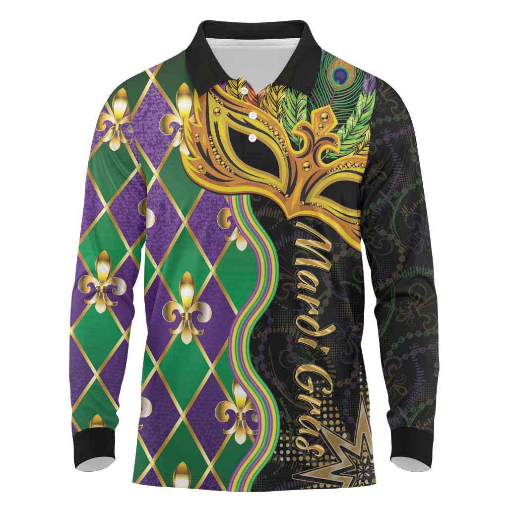 Personalized Mardi Gras Long Sleeve Polo Shirt Gold Mask Unique Style - Wonder Print Shop