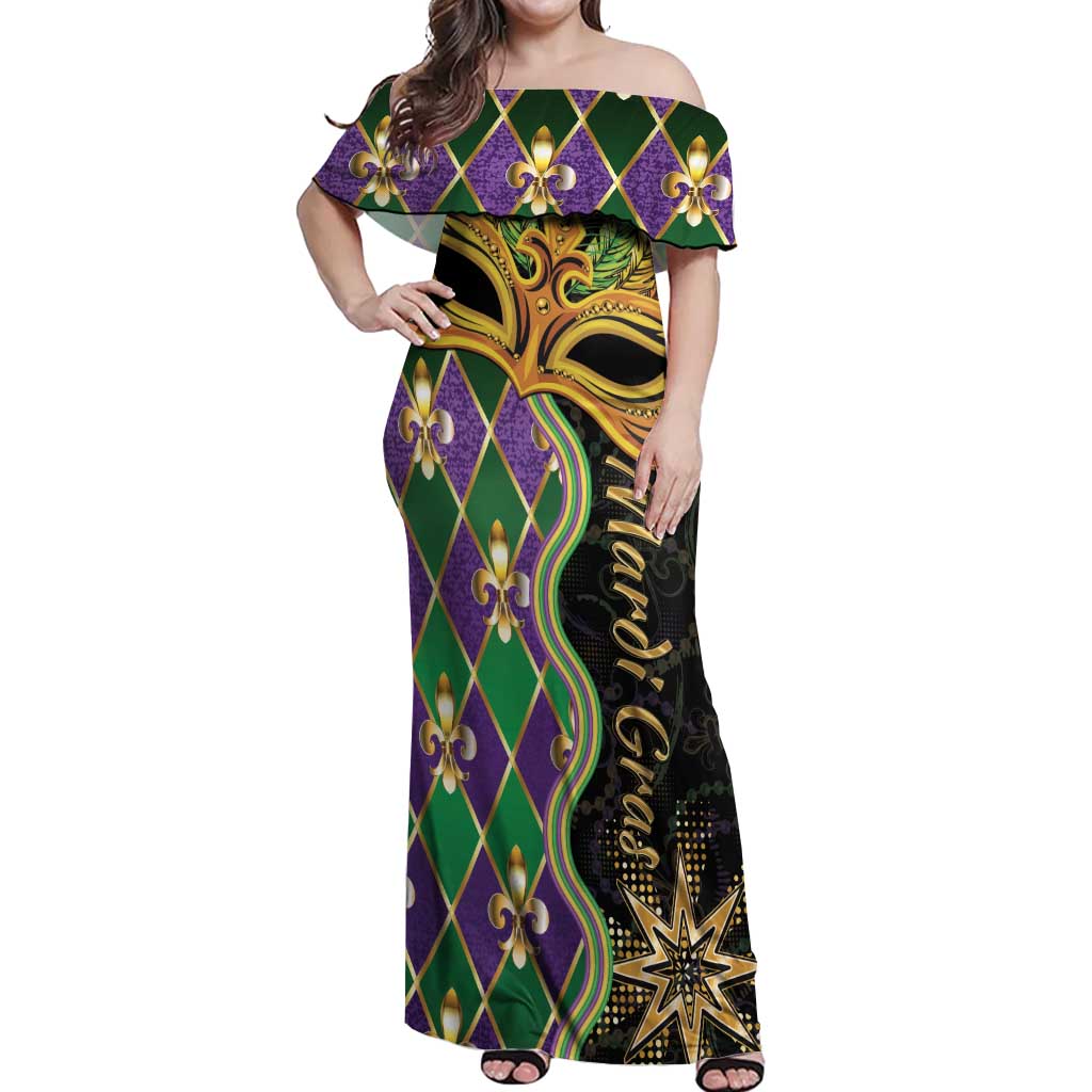 Personalized Mardi Gras Off Shoulder Maxi Dress Gold Mask Unique Style - Wonder Print Shop