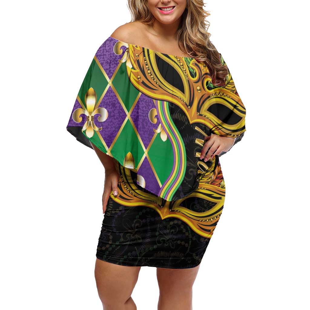 Personalized Mardi Gras Off Shoulder Short Dress Gold Mask Unique Style - Wonder Print Shop