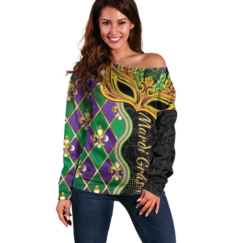 Personalized Mardi Gras Off Shoulder Sweater Gold Mask Unique Style - Wonder Print Shop