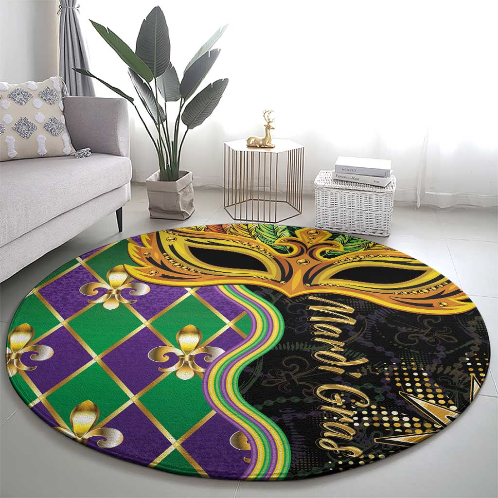 Round decorative carpet with green and purple diamond pattern and gold mask artwork