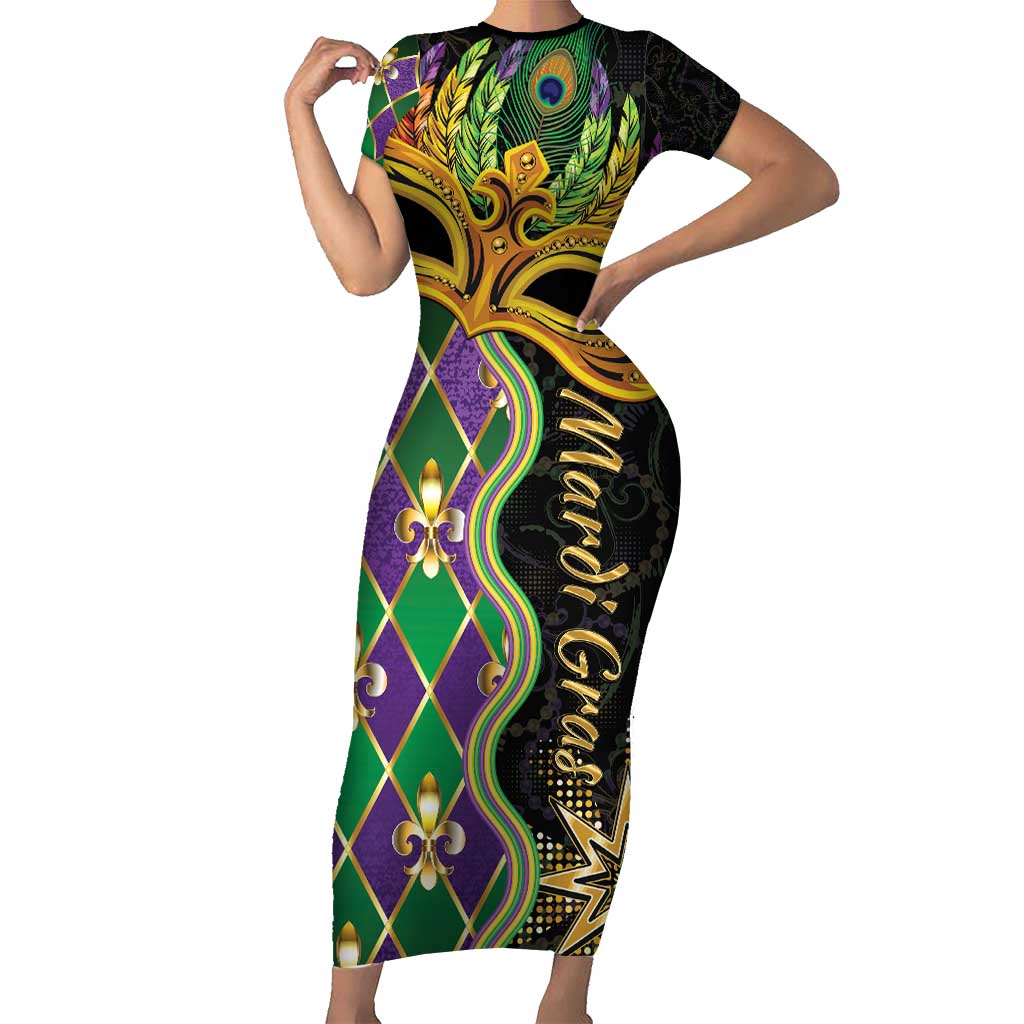 Personalized Mardi Gras Short Sleeve Bodycon Dress Gold Mask Unique Style