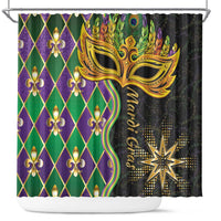 Mardi Gras shower curtain with gold masquerade mask, purple and green fleur-de-lis patterns