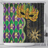 Mardi Gras shower curtain with gold mask and starburst, purple diamond and green fleur-de-lis