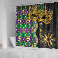 Mardi Gras shower curtain showing left purple diamond and green fleur-de-lis with gold mask