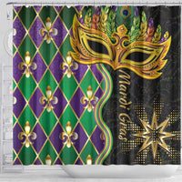 Mardi Gras shower curtain with large gold mask, purple diamonds, green stripes, and fleur-de-lis