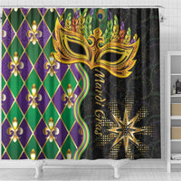 Mardi Gras shower curtain close-up of gold mask, purple lattice, green fleur-de-lis details