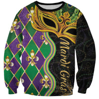 Unisex long-sleeve sweatshirt with gold Mardi Gras mask, green/purple diamond pattern
