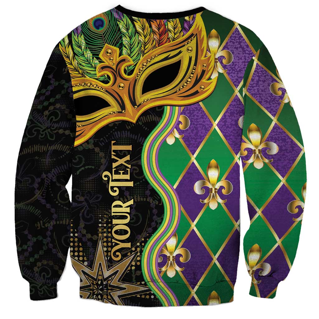 Unisex sweatshirt with gold mask, green/purple diamond print, YOUR TEXT vertical graphic