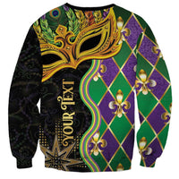 Unisex sweatshirt with gold mask, green/purple diamond print, YOUR TEXT vertical graphic