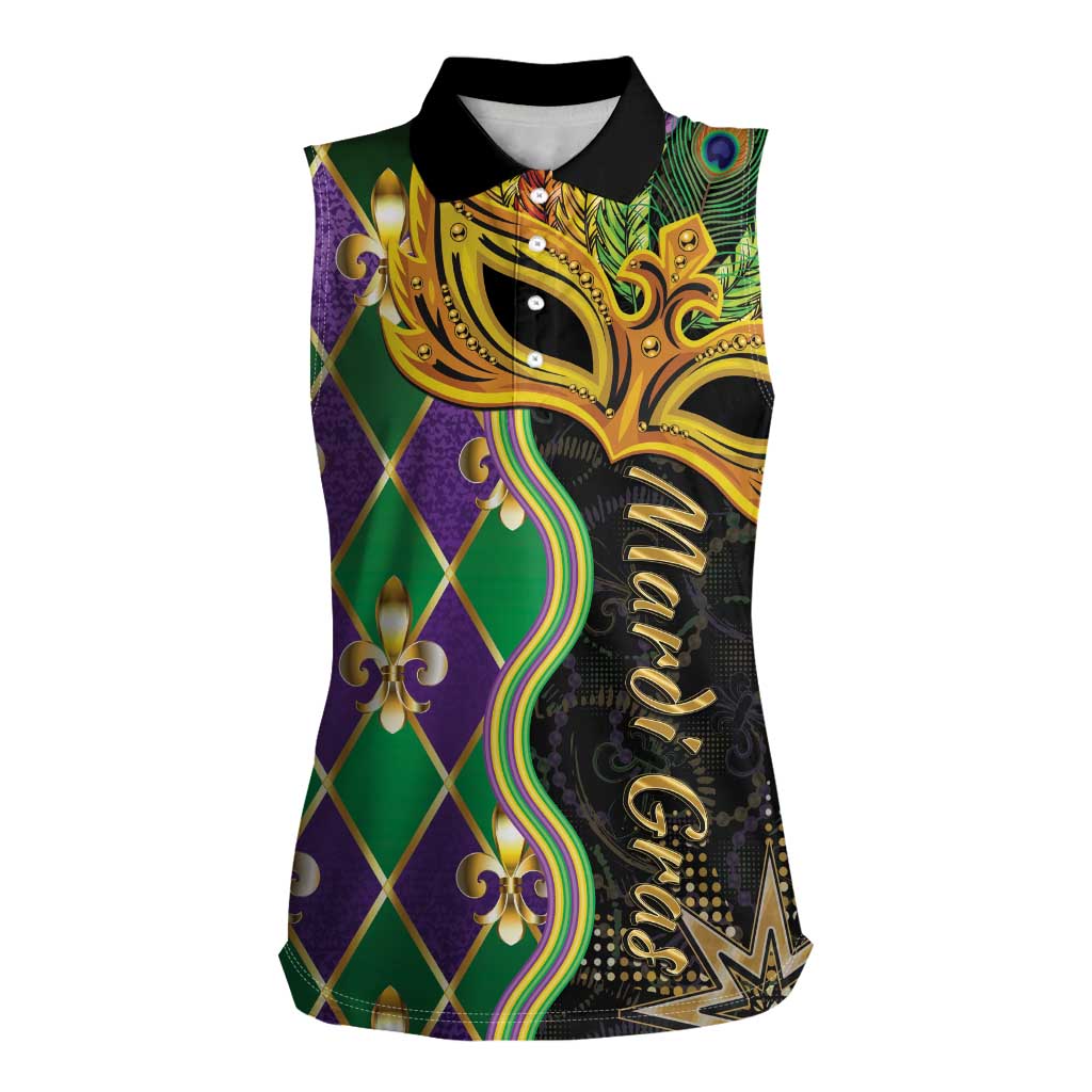 Personalized Mardi Gras Women Sleeveless Polo Shirt Gold Mask Unique Style