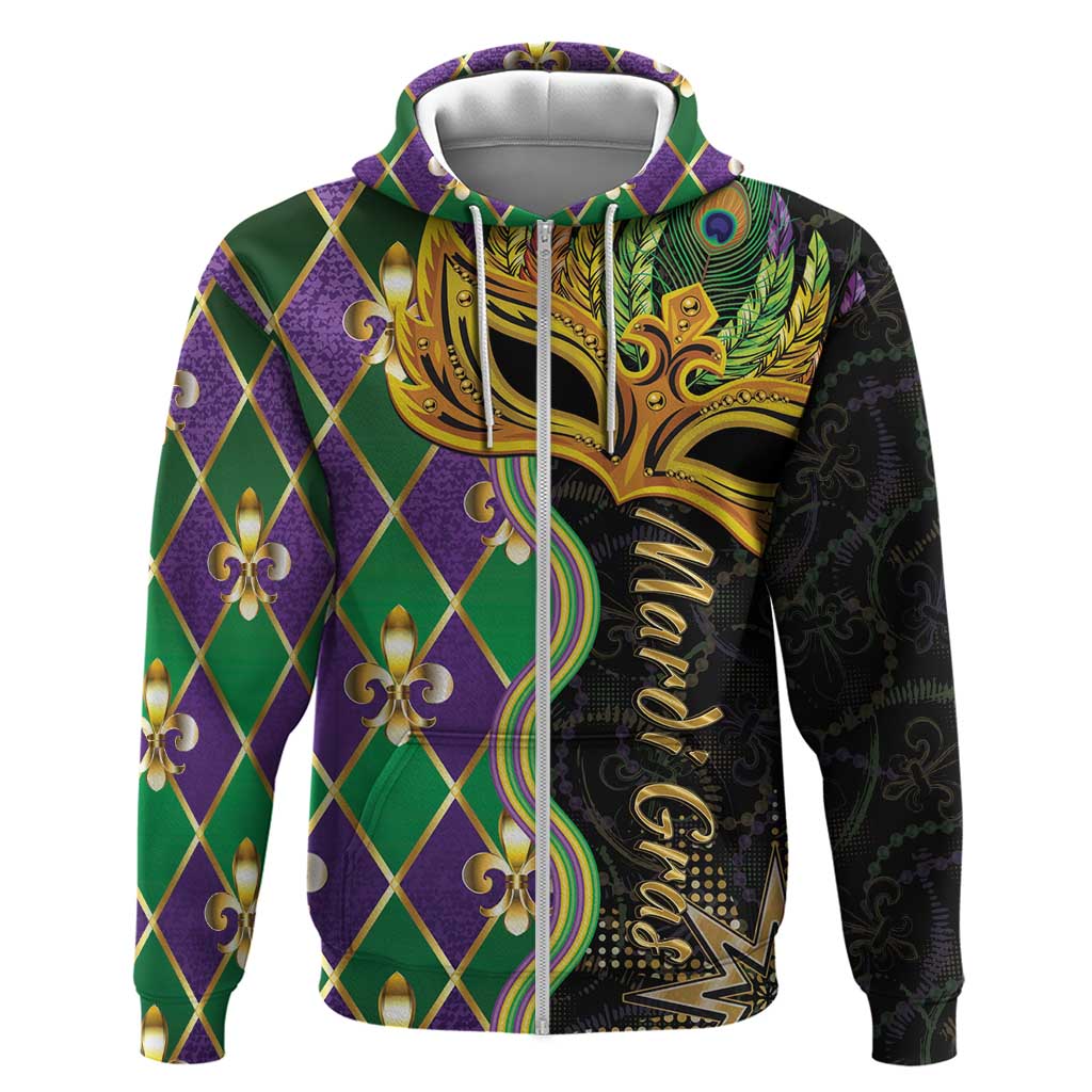 Personalized Mardi Gras Zip Hoodie Gold Mask Unique Style