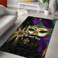 Colorful Mardi Gras area rug featuring gold mask, purple feather, star and bold text
