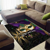 Colorful Mardi Gras area rug with gold mask, purple feather, green details on black