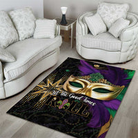 Colorful Mardi Gras area rug showing gold mask, purple feather, green accents and star