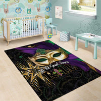 Colorful Mardi Gras area rug with gold mask, purple feather, green beads and star