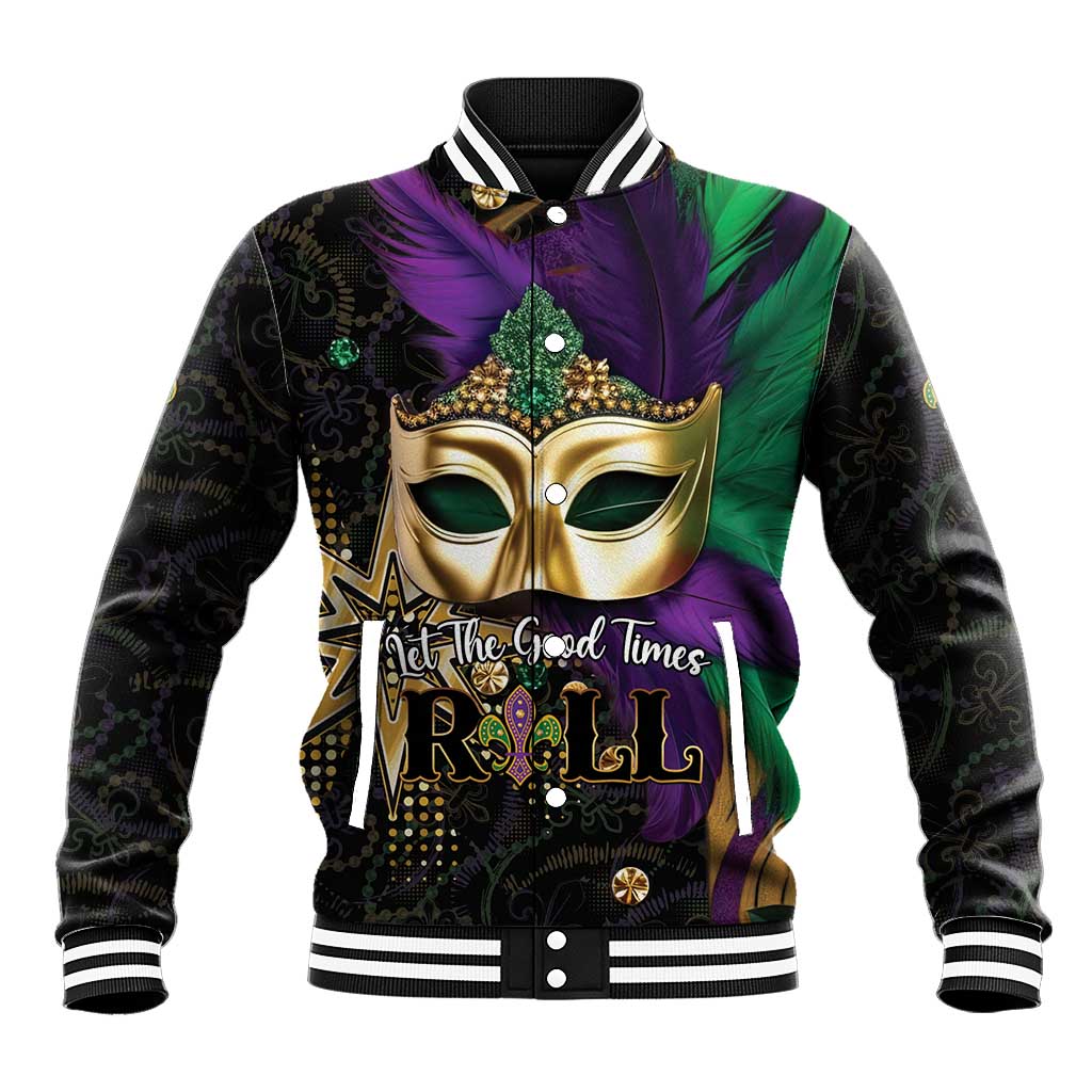Colorful Mardi Gras baseball jacket with gold mask graphic, black fabric, striped cuffs