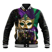 Colorful Mardi Gras baseball jacket with gold mask graphic, black fabric, striped cuffs