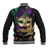 Mardi Gras baseball jacket back with gold mask, purple/green accents, striped ribbed hem