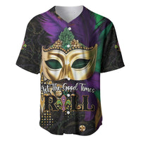 Mardi Gras baseball jersey with gold mask graphic, purple and green sleeves