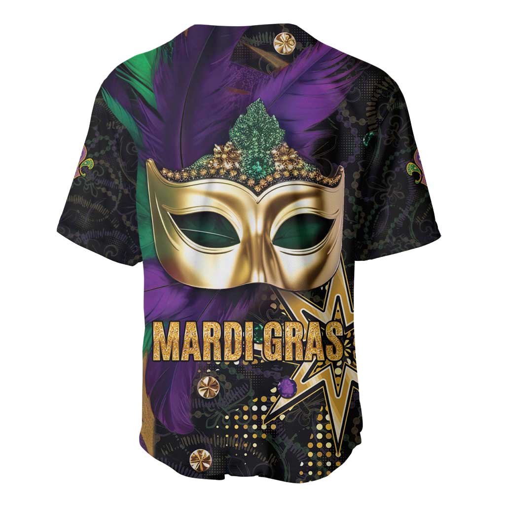 Mardi Gras baseball jersey with gold mask and MARDI GRAS text