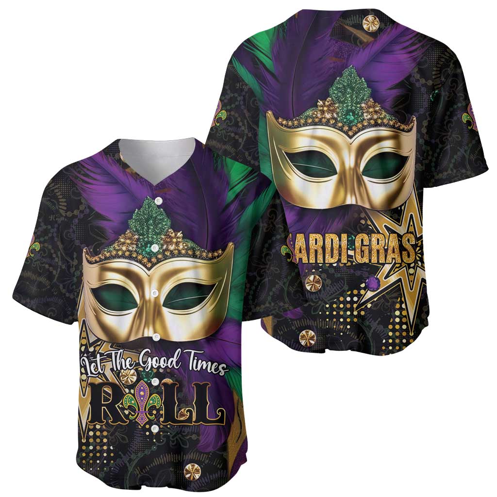 Mardi Gras baseball jersey, purple and green, with gold mask and MARDI GRAS print