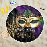 Round Mardi Gras beach blanket with gold mask center and purple graphic, white fringe border