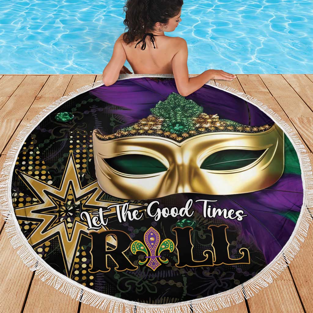 Round beach blanket with gold mask and Let the Good Times text, white fringe border