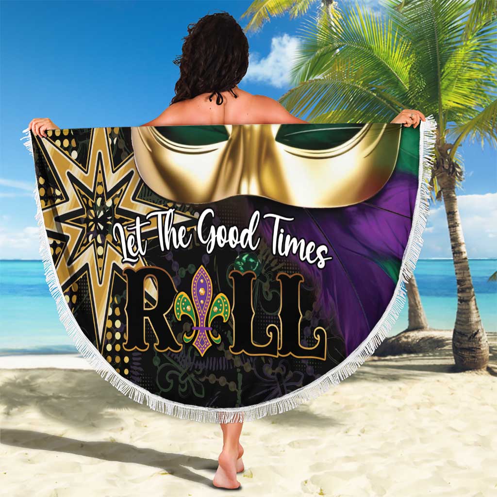 Round beach blanket with gold mask, purple design, Let the Good Times text, white fringe