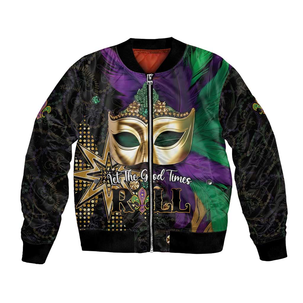 Unisex bomber jacket with gold masquerade mask graphic, purple-green panels, zip front